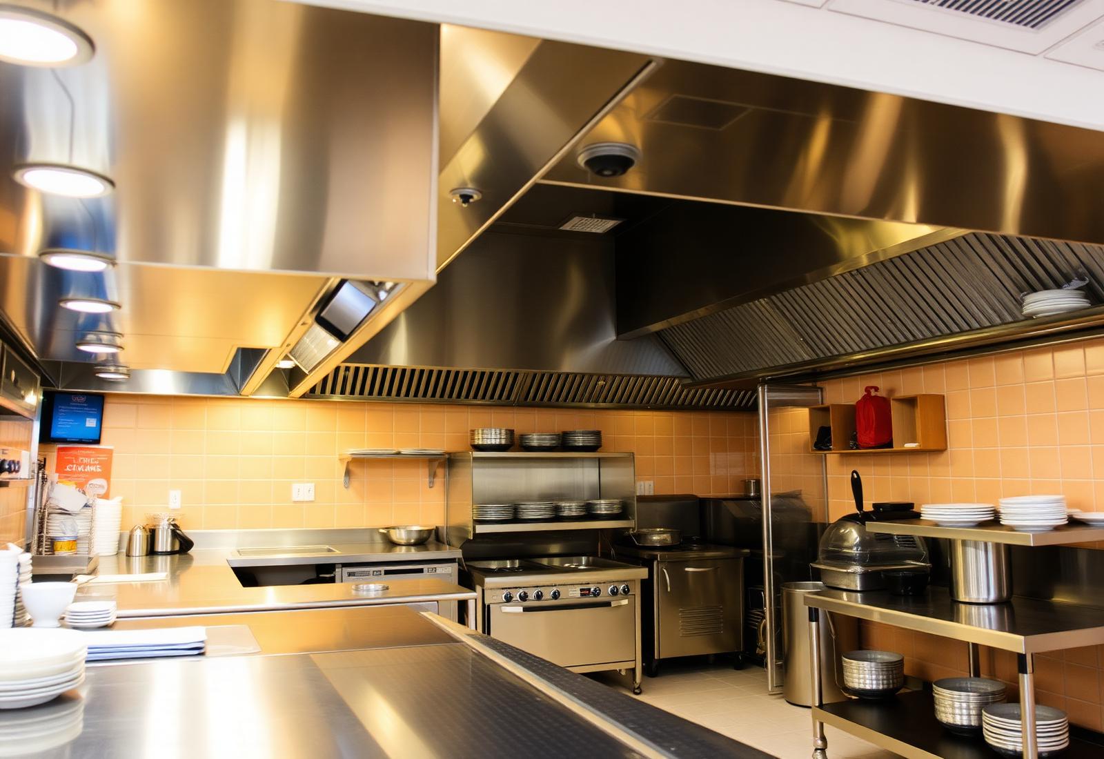 Modern commercial restaurant kitchen with stainless steel equipment